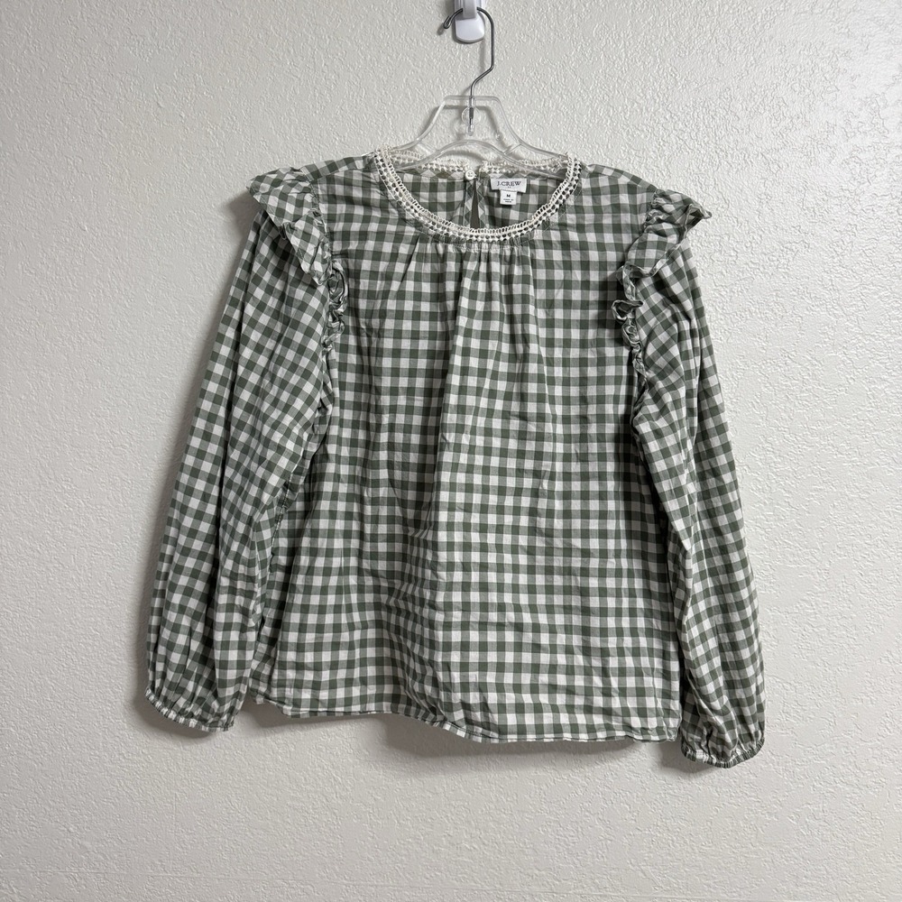 J Crew Blouse Womens Medium Green Gingham‎ Lace Ruffle Preppy Coastal Classic